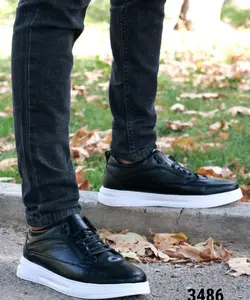 کفش مدل باکیفیت رویه چرمی بندی با کیفیت  مردانه پسرانه به رنگ مشکی زیره سفید با ارسال رایگان کد 3486