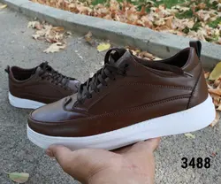 کفش مدل باکیفیت رویه چرمی بندی با کیفیت  مردانه پسرانه به رنگ قهوه ای زیره سفید با ارسال رایگان کد 3488