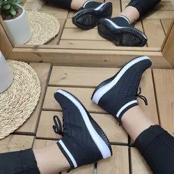 کفش اسپرت و پیاده روی ساقدار زنانه دخترانه مدل اسکیچرز مشکی سفید با ارسال رایگان