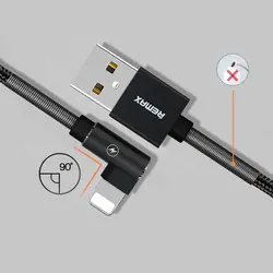 کابل 2.4 آمپر دیتا و فست شارژ کج USB به لایتنینگ ریمکس مدل RC 119i – Ranger-90Degree مناسب برای محصولات اپل دو سر فنری و تقویت شده با بافت کنفی بافته شده با سری آلومینیومی 90 درجه و طول 1 متر