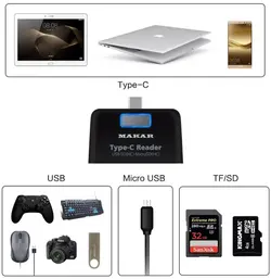 رم ریدر و کارت‌خوان همه کاره تایپ C ماکار مدل M6in1 پشتیبانی از USB 3.1 با سرعت 10Gbps با قابلیت خواندن انواع مموری