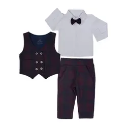 ست سه تکه جلیقه و شلوار ژاکارد زرشکی چهار خانه