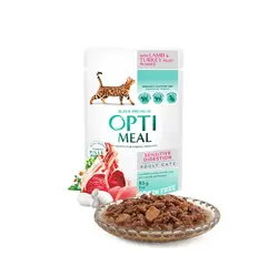 پوچ گربه با دستگاه گوارش حساس با بره و فیله بوقلمون در سس اپتی میل OPTIMEAL Sensitive Digestion Pouches with Lamb and Turkey Fillet in Sauce Grain Free