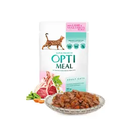 پوچ گربه بالغ با بره و سبزیجات در ژله اپتی میل OPTIMEAL Pouches with Lamb & Veggies in Jelly