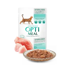 پوچ گربه عقیم شده با فیله بوقلمون و مرغ اپتی میل Opti meal Wet cat food for sterilised cats with TURKEY and CHICKEN FILLET in sauce 85g