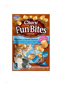 تشویقی گربه چورو فان بایتس طعم مرغ و ماهی تن و صدف برند اینابا (Inaba churu Fun bites)