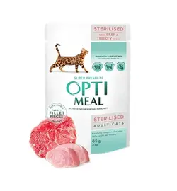 پوچ گربه عقیم شده با فیله بوقلمون و بیف اپتی میل Opti meal Wet cat food for sterilised cats with TURKEY and BEEF FILLET in sauce 85g