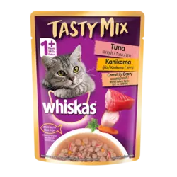 پوچ گربه ویسکاس ماهی تن و خرچنگ در سس سبزیجات  Whiskas® Adult (1+ year) Tasty Mix Wet Cat Food Made With Real Fish, Tuna With Kanikama And Carrot in Gravy