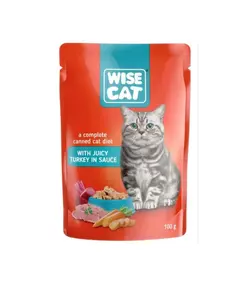 پوچ گربه وایز کت گوشت بوقلمون در سس همراه کلاژن ۱۰۰ گرم Wise cat with juicy turkey in sauce