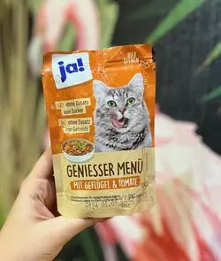 پوچ گربه بدون غلات با گوشت پرندگان و گوجه فرنگی یا! ۱۰۰ گرم JA! GENIESSER MENÜ MIT geflügel & tomate
