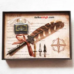 ست کادویی کالیگرافی قلم پر قرقاول (دسته قلم، نوکهای فلزی و مرکب)