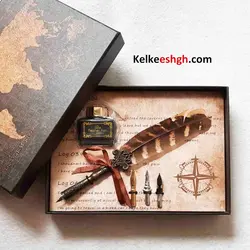 ست کادویی کالیگرافی قلم پر قرقاول (دسته قلم، نوکهای فلزی و مرکب)