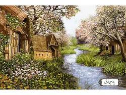 نخ و نقشه تابلو فرش منظره زیبای کلبه و رود – کد NV899
