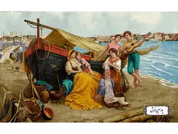 نخ و نقشه تابلو فرش تبریز طرح گیتار زن – کد NF2254