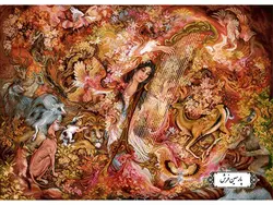 نخ و نقشه تابلو فرش مینیاتور دختر چنگ نواز – کد NM5657