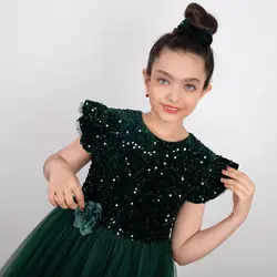 پیراهن دخترانه مجلسی پولکی آستین حلقه ای سبز یشمی