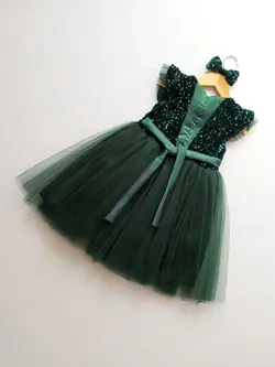 پیراهن دخترانه مجلسی پولکی آستین حلقه ای سبز یشمی