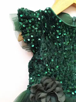 پیراهن دخترانه مجلسی پولکی آستین حلقه ای سبز یشمی