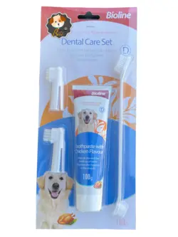 ست مسواک و خمیردندان سگ بایولاین با طعم مرغ ۱۰۰ گرمی ـ BIOLINE DENTAL CARE SET WITH CHICKEN FLAVOUR 100 GR