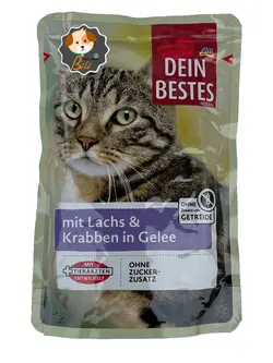 پوچ گربه داین بست با طعم ماهی و خرچنگ ۱۰۰ گرمی ـ DEIN BESTES MIT LACHS & KRABBEN IN GELEE 100 GR