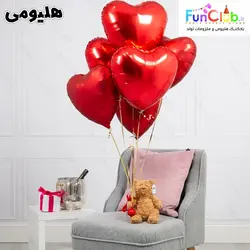 پکیج بادکنک هلیومی تم قلب قرمز (6عدد)+عروسک خرس