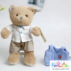 عروسک پولیش - خرس مینگرن دختر و پسر لباس بافت 30 سانت کرم نسکافه ای (دارای مدل)
