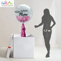 سوپرایز باکس سفید+درج نام روی بادکنک+بوبو بالن با بادکنک سرخابی کروم