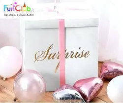 سوپرایز باکس سفید+درج نام روی بادکنک+بوبو بالن با بادکنک سرخابی کروم