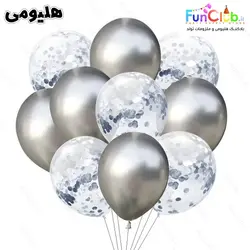 پکیج بادکنک هلیومی تم نقره ای کروم+شیشه ای پولکی نقره ای (10عدد)