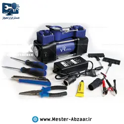 پمپ باد کمپرسور فندکی ماشین یکسال گارانتی دار دو سیلندر و اتصال به برق شهری قابل انتخاب با لوازم پنچرگیری لاستیک و پمپ هوا دوچرخه موتورسیکلت ویوارکس برند VIVAREX مدل VR1207-ACT