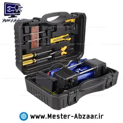 پمپ باد کمپرسور فندکی ماشین یکسال گارانتی دار دو سیلندر و اتصال به برق شهری قابل انتخاب با لوازم پنچرگیری لاستیک و پمپ هوا دوچرخه موتورسیکلت ویوارکس برند VIVAREX مدل VR1207-ACT