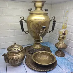 ست سماور زغالی 6 لیتری سنگین ب همراه سینی و قوری و کاسه و گردسوز