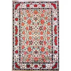 فرش گبه ابریشمی کد 4030 زمینه بژ (غیربرجسته)