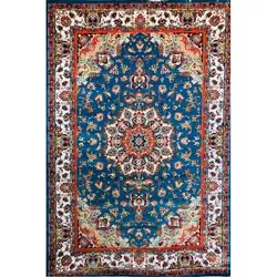فرش گبه ابریشمی طرح هلیا زمینه آبی (غیربرجسته)