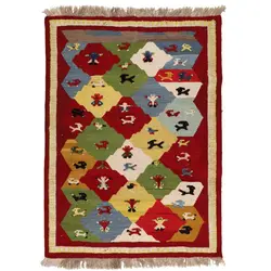 گلیم گبه قشقایی دستبافت یک و نیم متری کد 140327 | گره کارپت