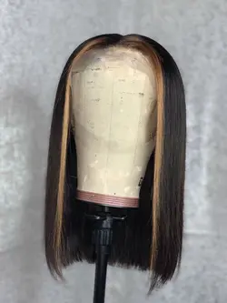 کلاه گیس زنانه موی طبیعی خرمایی با چتری بلوند (کد:11011)