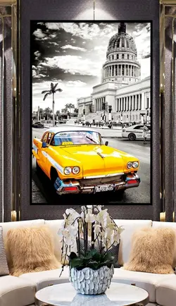 تابلو عکس قدیمی باماشین تم زرد، خریدبالای 189900 تومان * ارسال رایگان است*