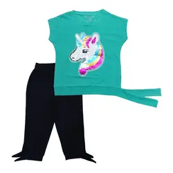 ست تیشرت شلوارک دخترانه پولک دورو طرح تک شاخ مدل 20146