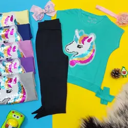 ست تیشرت شلوارک دخترانه پولک دورو طرح تک شاخ مدل 20146