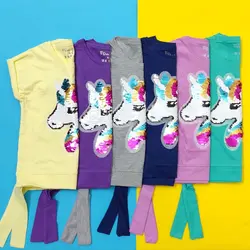 ست تیشرت شلوارک دخترانه پولک دورو طرح تک شاخ مدل 20146