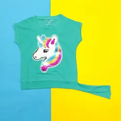 ست تیشرت شلوارک دخترانه پولک دورو طرح تک شاخ مدل 20146