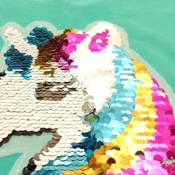 ست تیشرت شلوارک دخترانه پولک دورو طرح تک شاخ مدل 20146