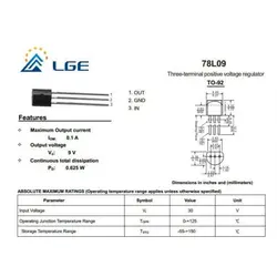 رگولاتور 9+ ولت 78L09 پلاستیکی 500mA پکیج TO-92