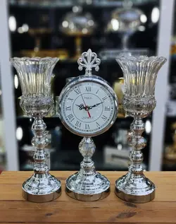 ست ساعت و شمعدان پایه دار رومیزی رنگ سیلور کد9015