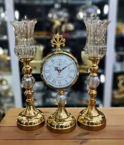 ست ساعت و شمعدان پایه دار رومیزی رنگ طلایی کد7009
