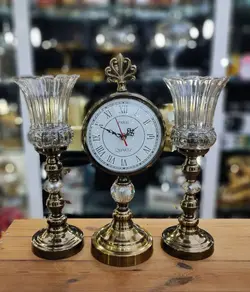 ست ساعت و شمعدان پایه دار رومیزی رنگ آنتیک کد9011