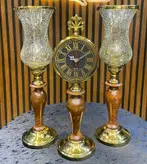 ست ساعت و شمعدان پایه دار چوبی رنگ آنتیک کد1425