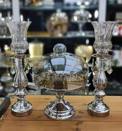 ست شمعدان و کاپ کیک پایه فلز و چوب رنگ سیلور کد7036