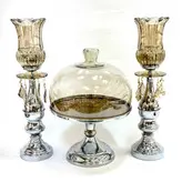 ست شمعدان و کاپ کیک پایه فلز و چوب رنگ سیلور کد7036