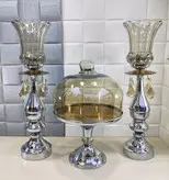 ست شمعدان و کاپ کیک پایه فلز و چوب رنگ سیلور کد7036